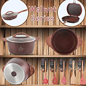 red cookware kitchenware non sticky pot and pan set granite coating heat resistant handle