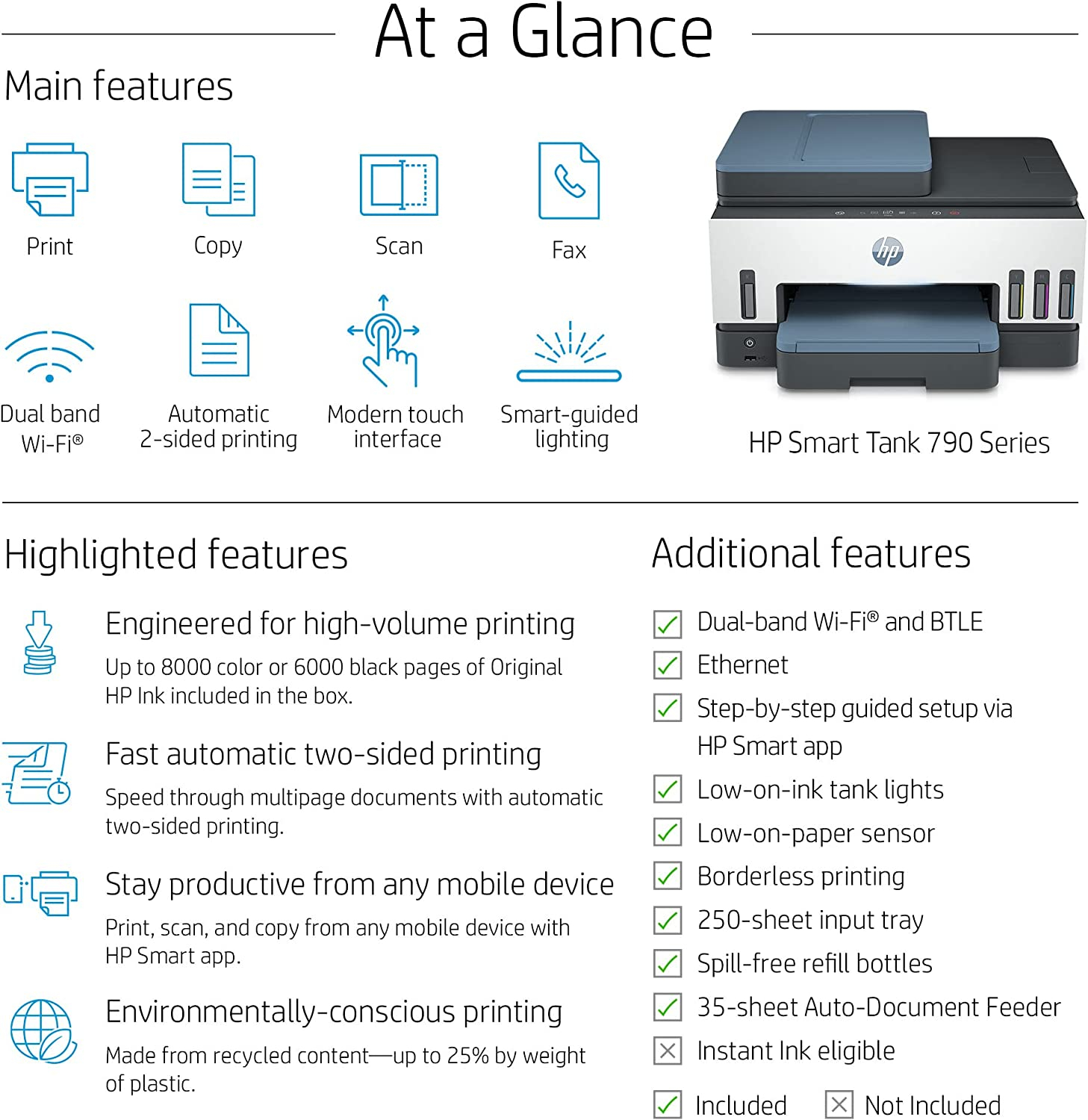 HP Smart Tank 795 Printer wireless, Print, Scan, Copy, Fax, Auto Duplex Printing - Dirhami - درهمي