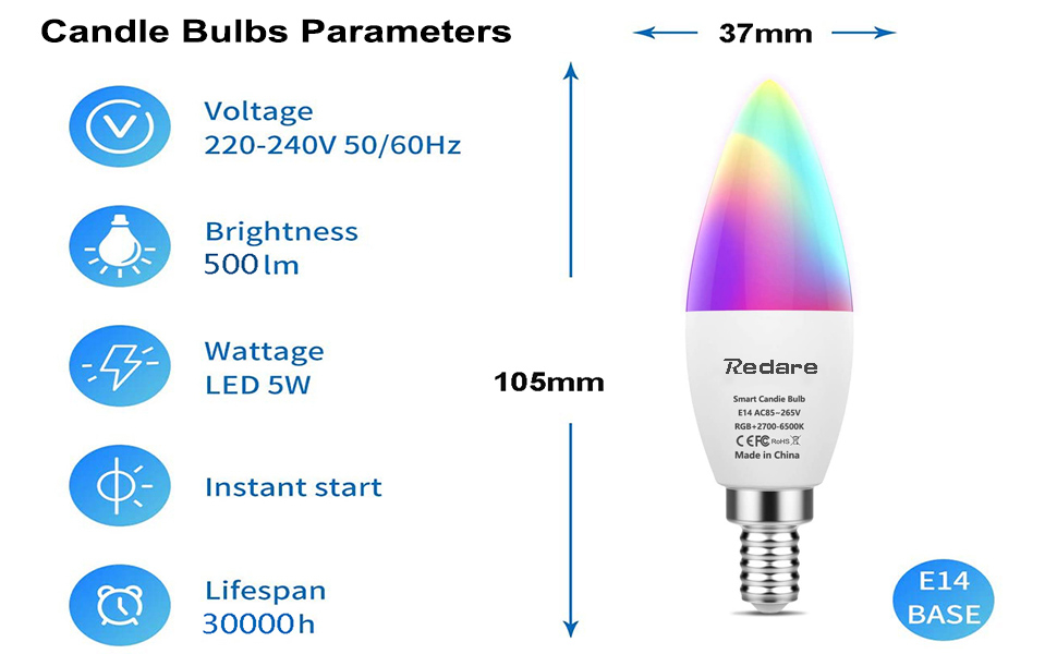 5W E14 LED Bulb, 500LM, Bright as 60W Equivalent Candle Bulbs C37 (SES) Small Screw