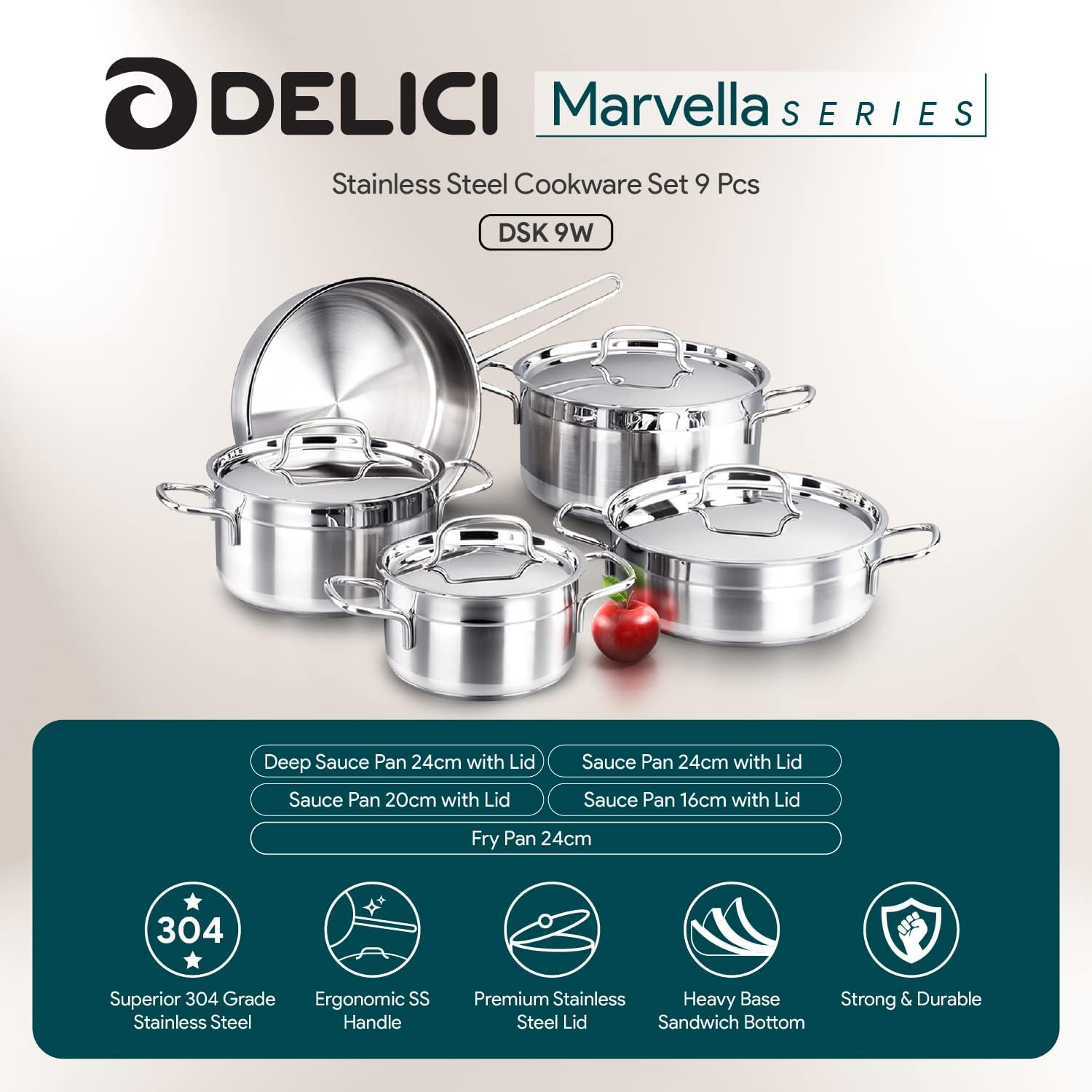 Korkmaz Alfa Stainless Steel Cookware Set 9pcs