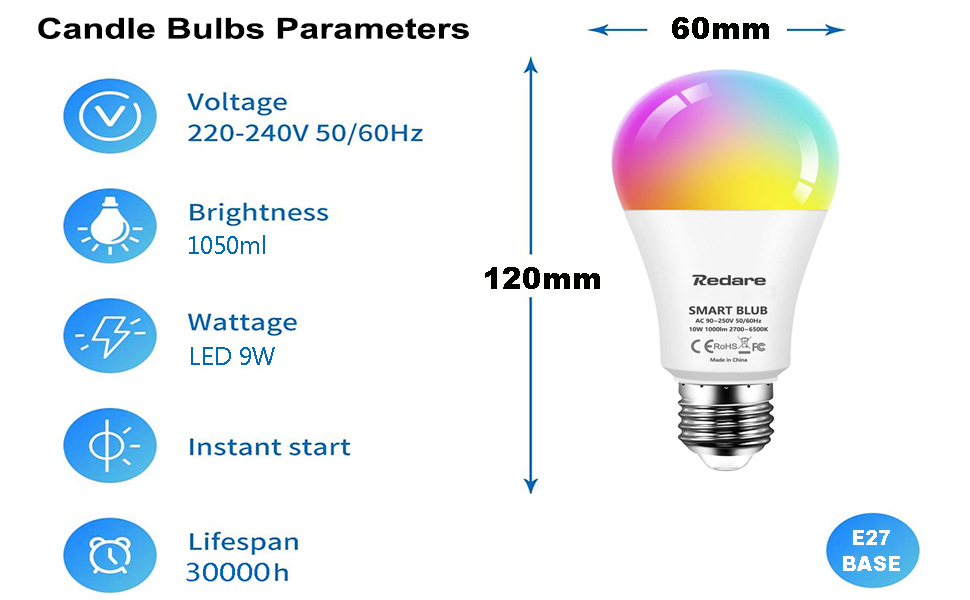 Smart RGB Light Bulbs, 10W (100W Equivalent) 2700K Music Sync Warm Light to 6500K Daylight Dimmable